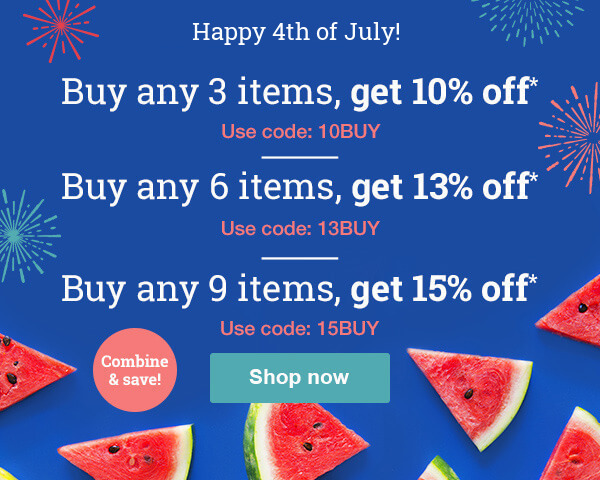 Combine & save: 10% off any 3 items – use code 10BUY*; 13% off any 6 items – use code 13BUY*; 15% off any 9 items – use code 15BUY*